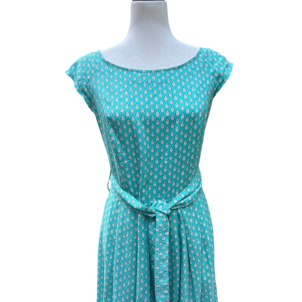 Vintage Souleiado Silk Dress Teal Paisley Print Cap Sleeve French 38 Medium 8/10 - Picture 4 of 14